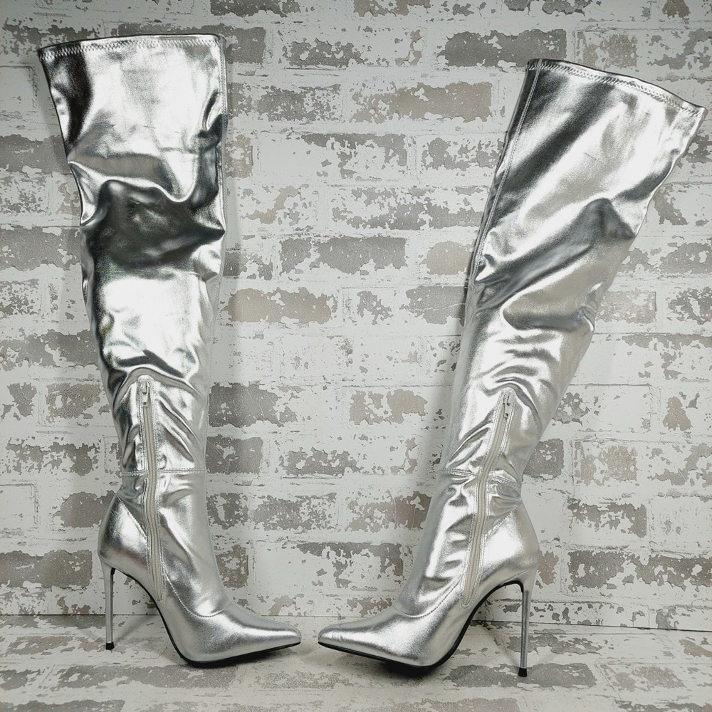 NEW Wild Diva Lounge Shaya Silver Pointy Toe High Heeled Over-the-knee Boot M30 - Picture 4 of 11